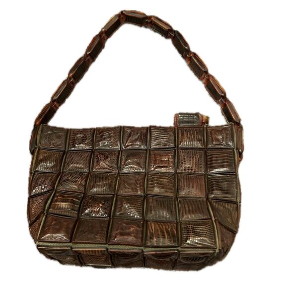 Rare 1940s Brown Alligator Tiles Small Handbag Lucite Handle Purse - Picture 1 of 5